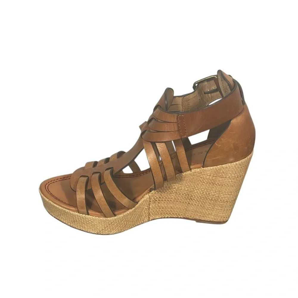 Trask Brown Leather Strappy Jute Wedge Platform Buckle Sandals Heels Sz 9